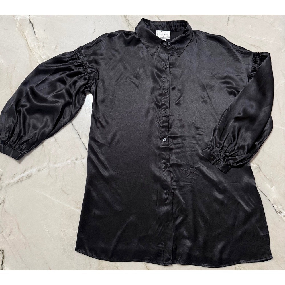 Linea Louis Dell'Olio Black 100% Silk Puff Sleeve Button Down Tunic Split Hem M